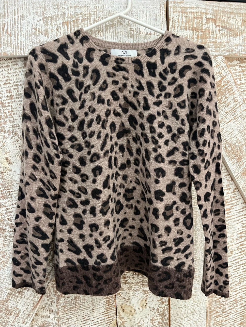 Magaschoni Cashmere Leopard Print Crewneck Sweater - Taupe and Black Medium